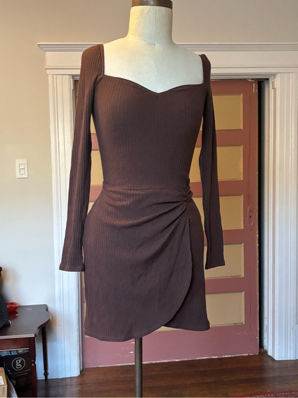 Ribbed Long-Sleeve Sweetheart Neck Wrap Skirt Dress - Brown
